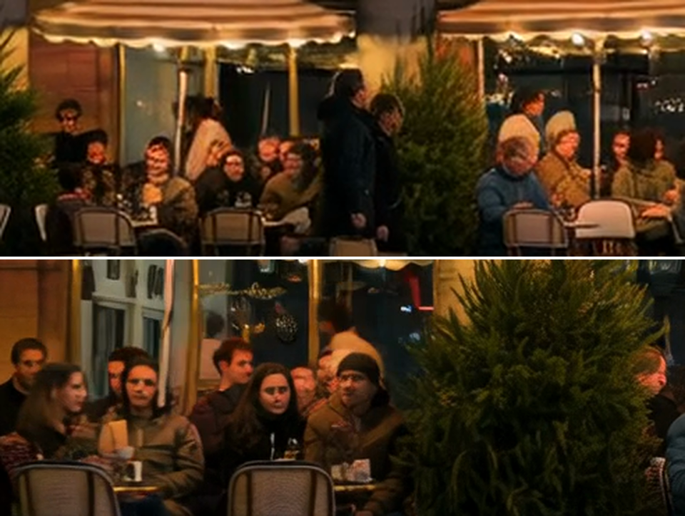 Recorte de las caras en el frame 60: arriba a 480p, borrosas; abajo a 720p, con rasgos reconocibles